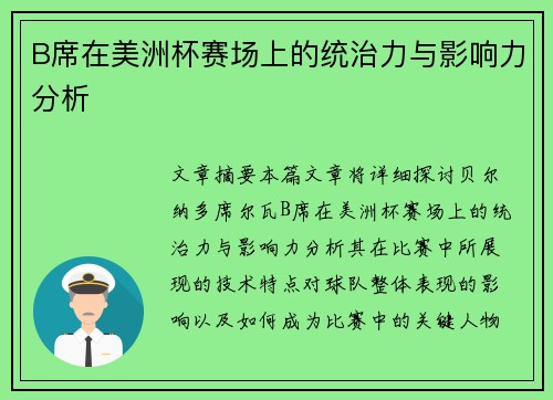 B席在美洲杯赛场上的统治力与影响力分析